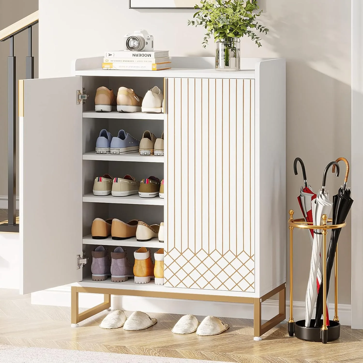 

25 Pair Shoe Cabinets with Doors, 5-Tier Modern Shoe Rack Organizer Cabinet with Metal Frame for Bedroom Hallway Living Room