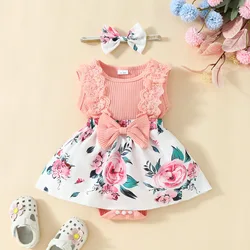 2024 Neugeborene Baby Kleid ärmellose Spitze Dreieck Schatz 0-1 Jahre alt Baby Blume Bogen Kleid Stirnband