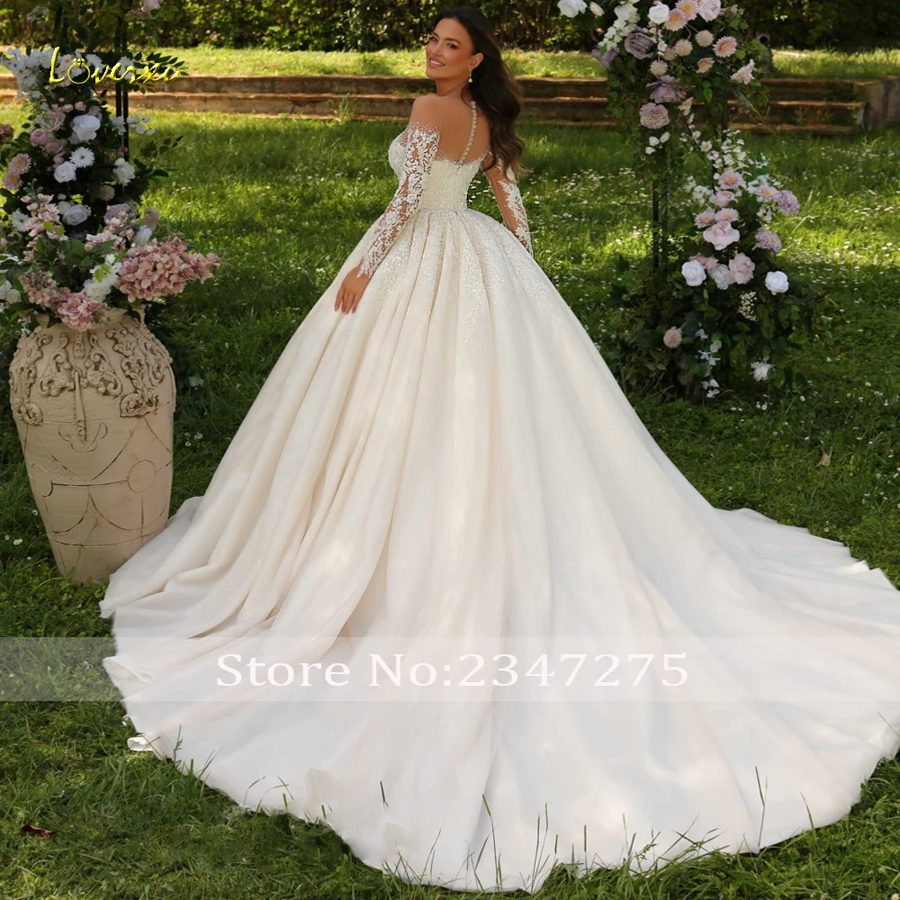 Loverxu vestido de baile princesa vestidos de casamento o pescoço manga longa vestido de novia renda frisado apliques feito sob encomenda vestido de noiva