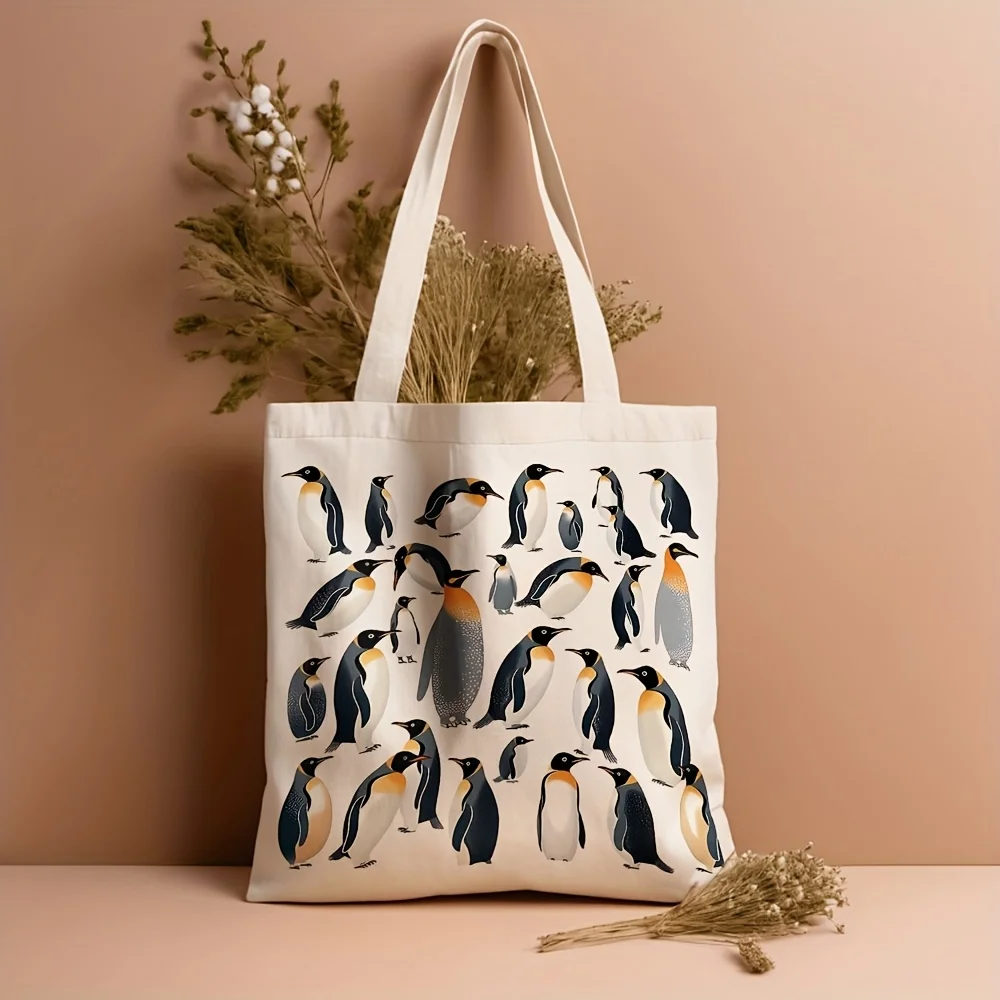 A Penguin Illustration Pattern Print Canvas Tote Bag, Suitable For Daily Use, Shopping, School, And Travel