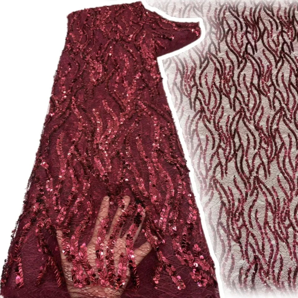 

Wholesale Nigerian Beaded Lace Fabric Fashion French African Sequins Mesh Lace Fabric For Bridal Party Dress Sewing 5 Yards 2708