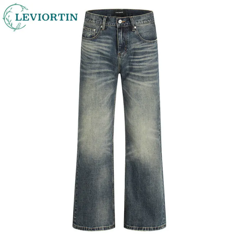 2025 primavera y otoño moda americana de los hombres High Street lavado Vintage Punk básico Casual tubo recto pantalones vaqueros sueltos