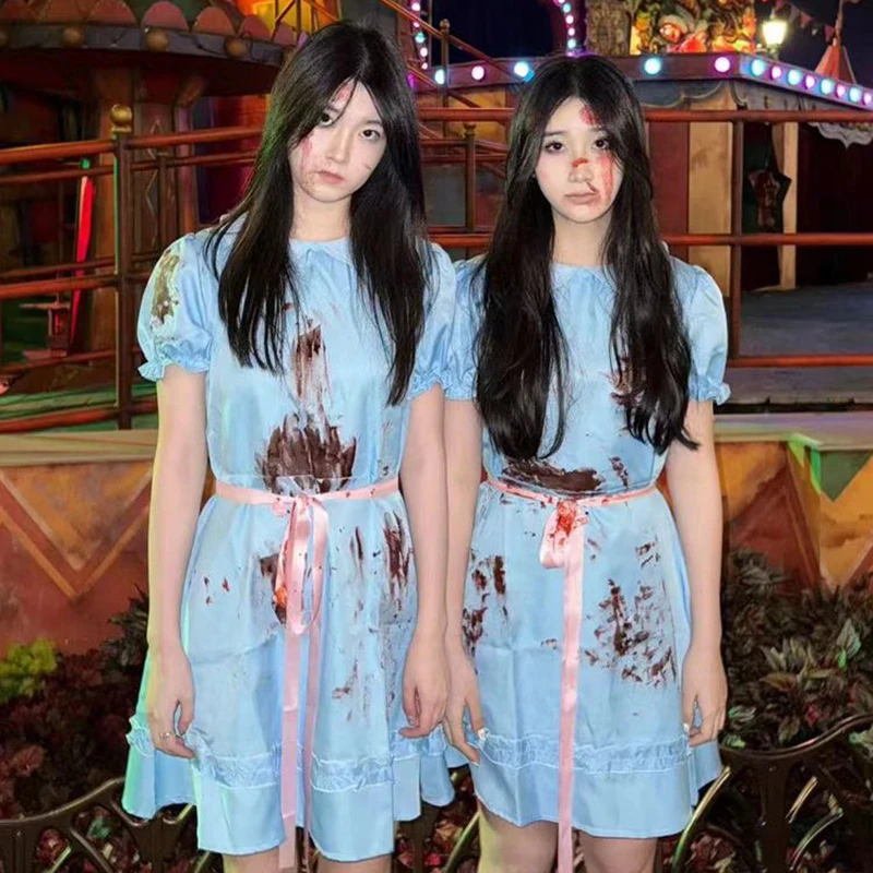 

Movie The Shining Creepy Grady Twins Cosplay Costume Twin Girls Blue Dress Uniform Halloween Clothes Outfit