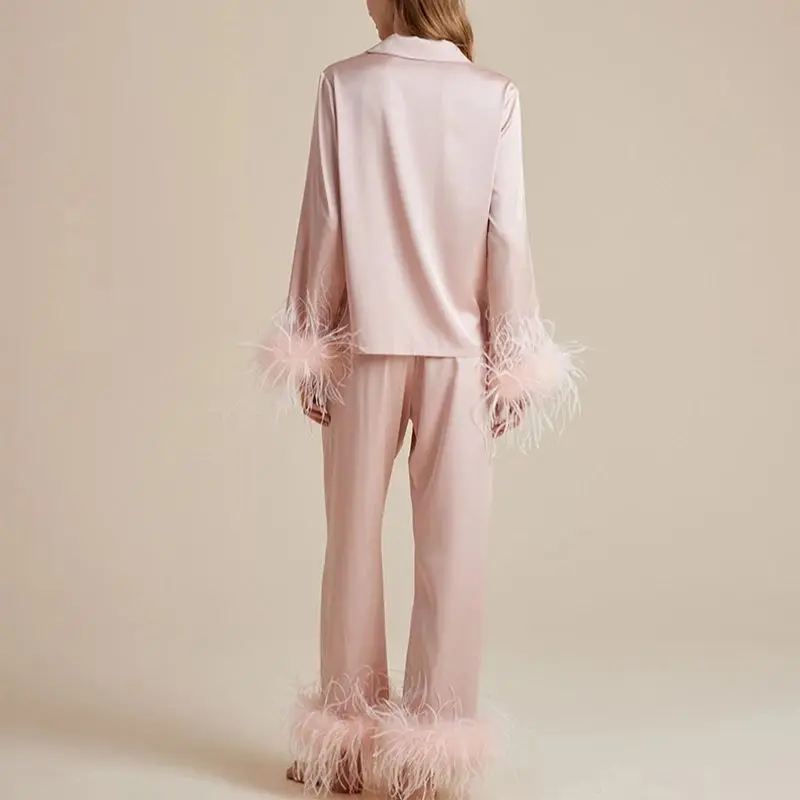 Women Big Feather Pajamas Sets Spring Summer Lady Natural Ostrich Feather Cuffs Suit