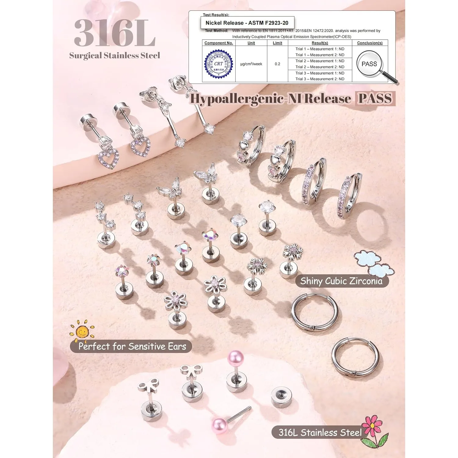 FASACCO 1PC Hypoallergenic Flat Back Earrings Women Steel Sensitive Ears Cute Flatback Stud Small Hoop Cartilage Ear Stack