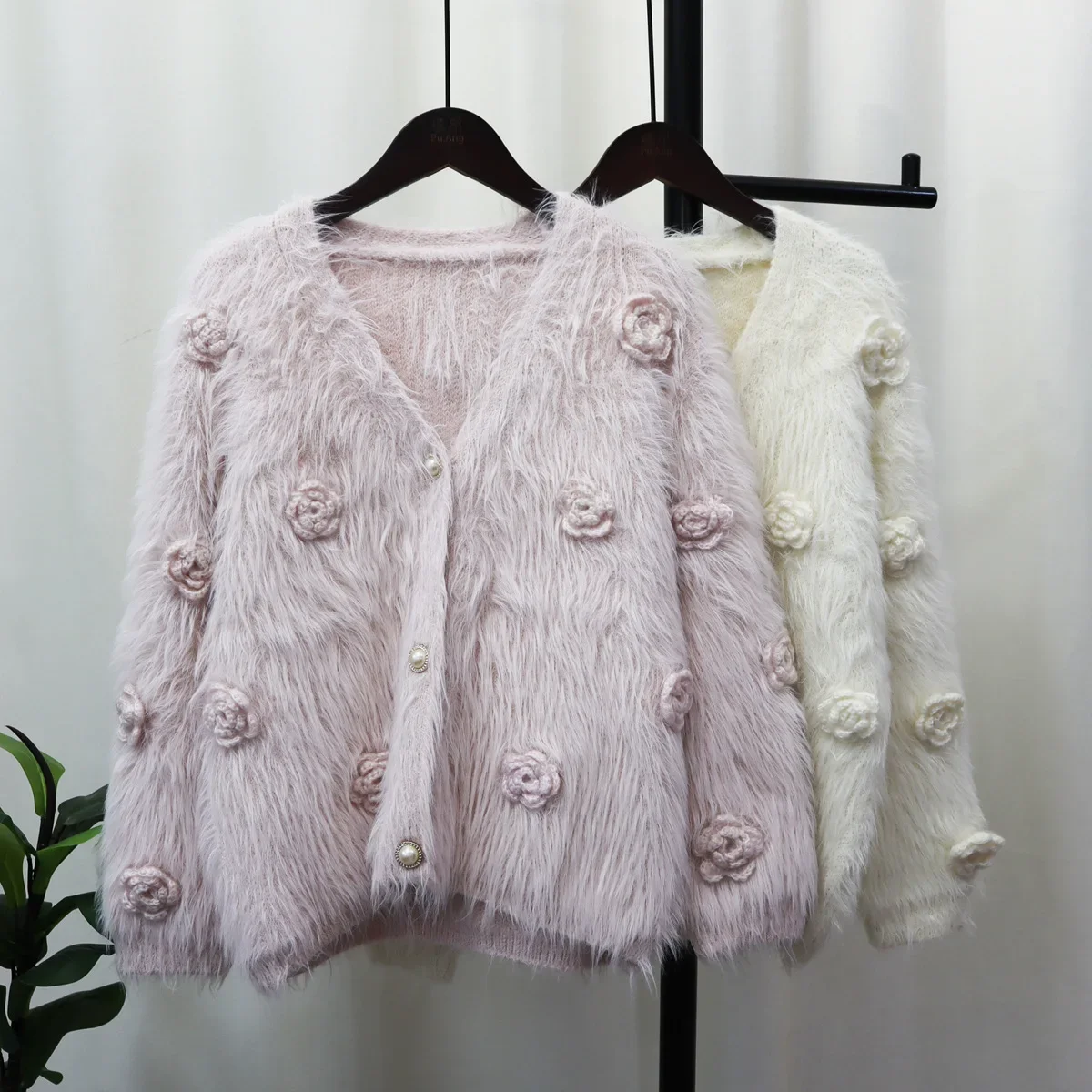 Fur Button Long Sleeve Cardigan Fluffy Top Floral Autumn Winter 2023 Pink Knitted Sweaters Women Spring Tops Jumpers Pullovers