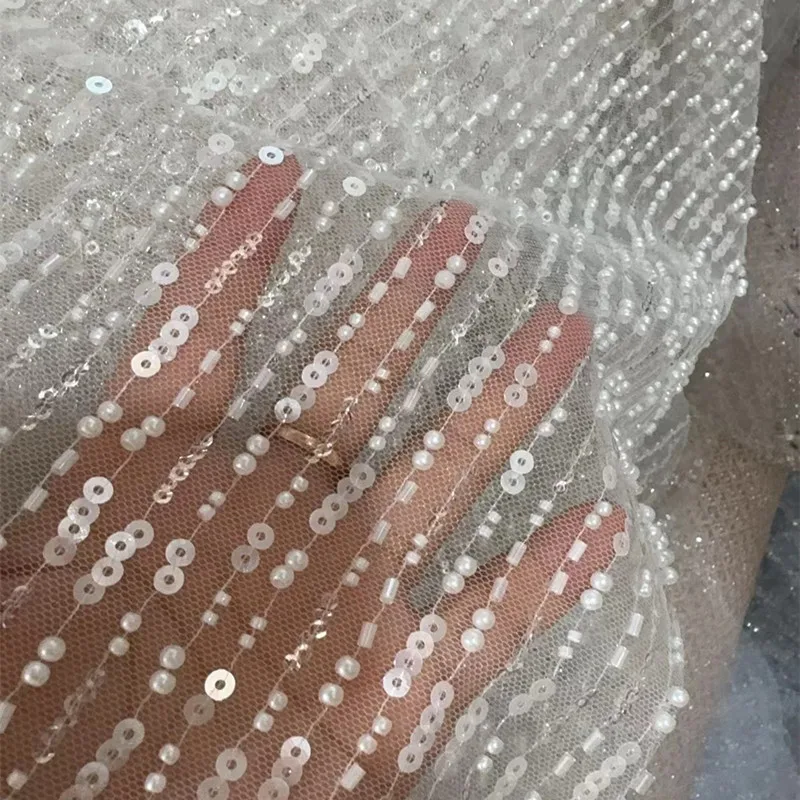 

Vertical Bead Sequins See Through Lace Fabric for Minimalist Wedding Dress Beaded Fashion Cloth Diy By The Meter Sewing Material