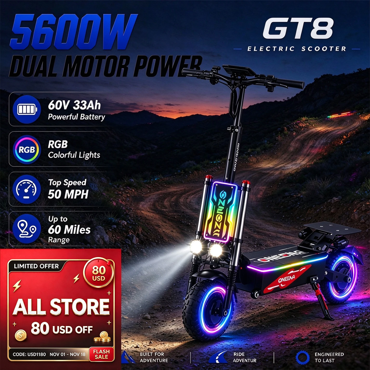 60V 5600W Dual Motor Electric Scooter - ONECNA GT8PRO Adult Electric Scooter, 5600W