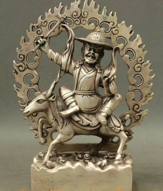 

decoration Tibet copper silver 9" Tebitan Buddhism Silver Dharmapala Riding Sheep Buddha Blacksmith God Statue