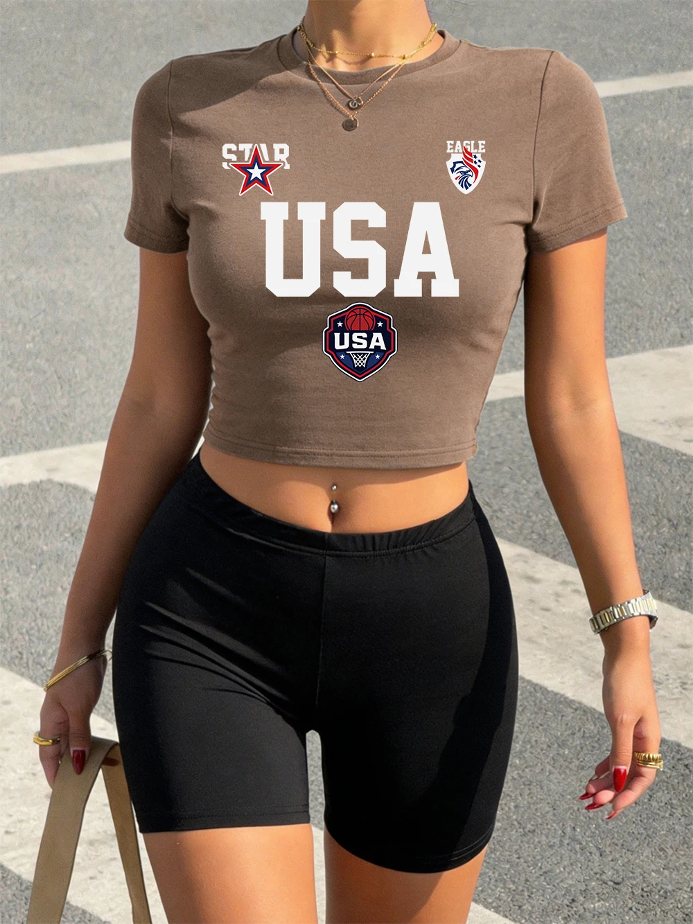 

Summer Usa Star Letter Jersey Prints Crop T-Shirts Shorts Woman Two Pieces Set Tops Pants Slim O-Neck High Elastic Soft Clothes
