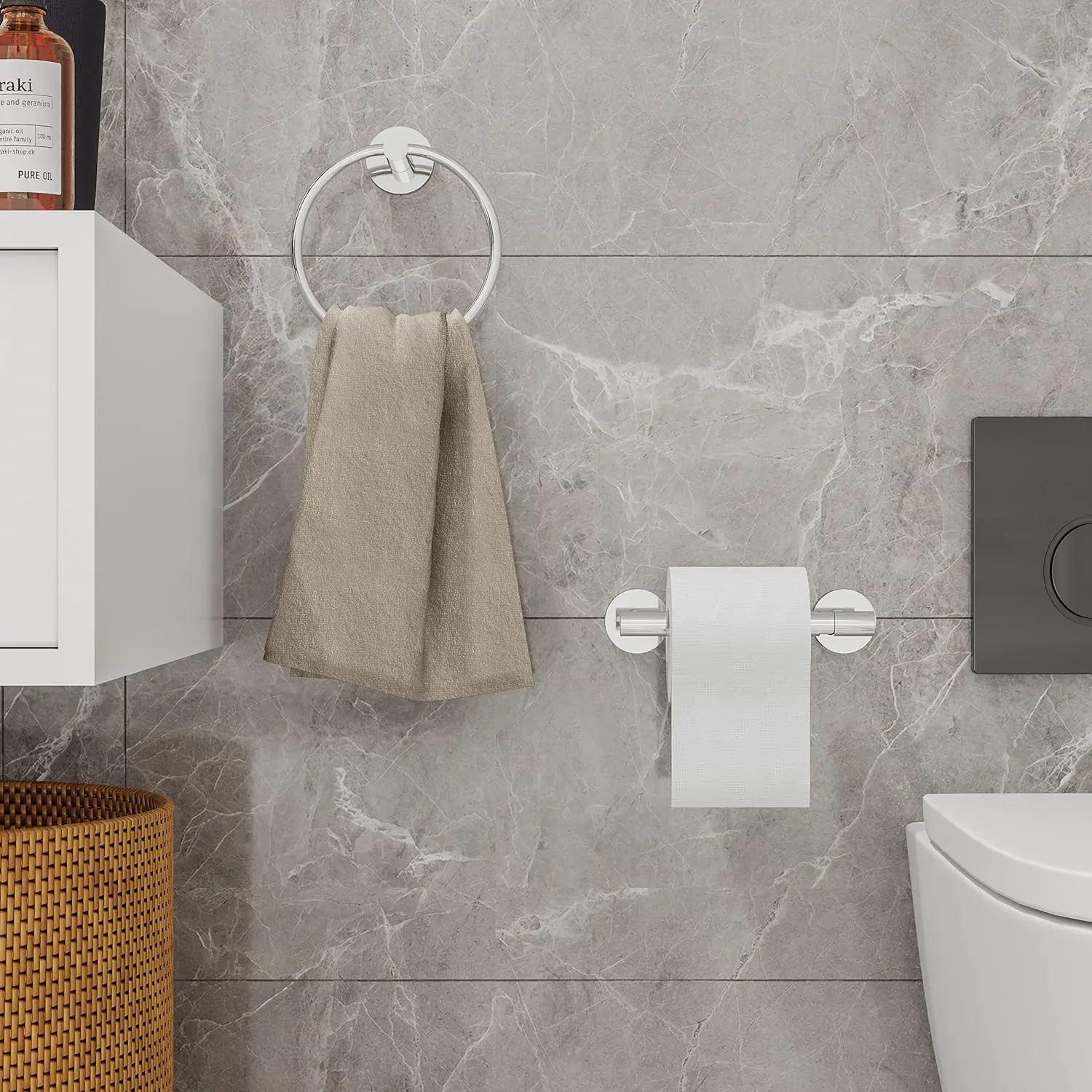 

Polished SUS304 Stainless Steel Self-Adhesive Modern Bathroom Hardware Set Double Post Toilet Paper Holder & Towel Ring