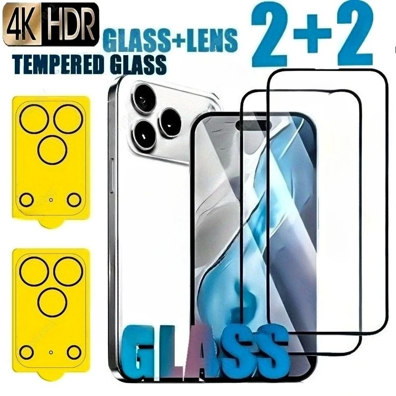 

4-in-1 Full Cover Tempered Glass for iPhone 17 16 15 Pro Max 16e 17 Air Camear Lens Glass for iPhone 14 13 12 11 Pro 15 14 Plus