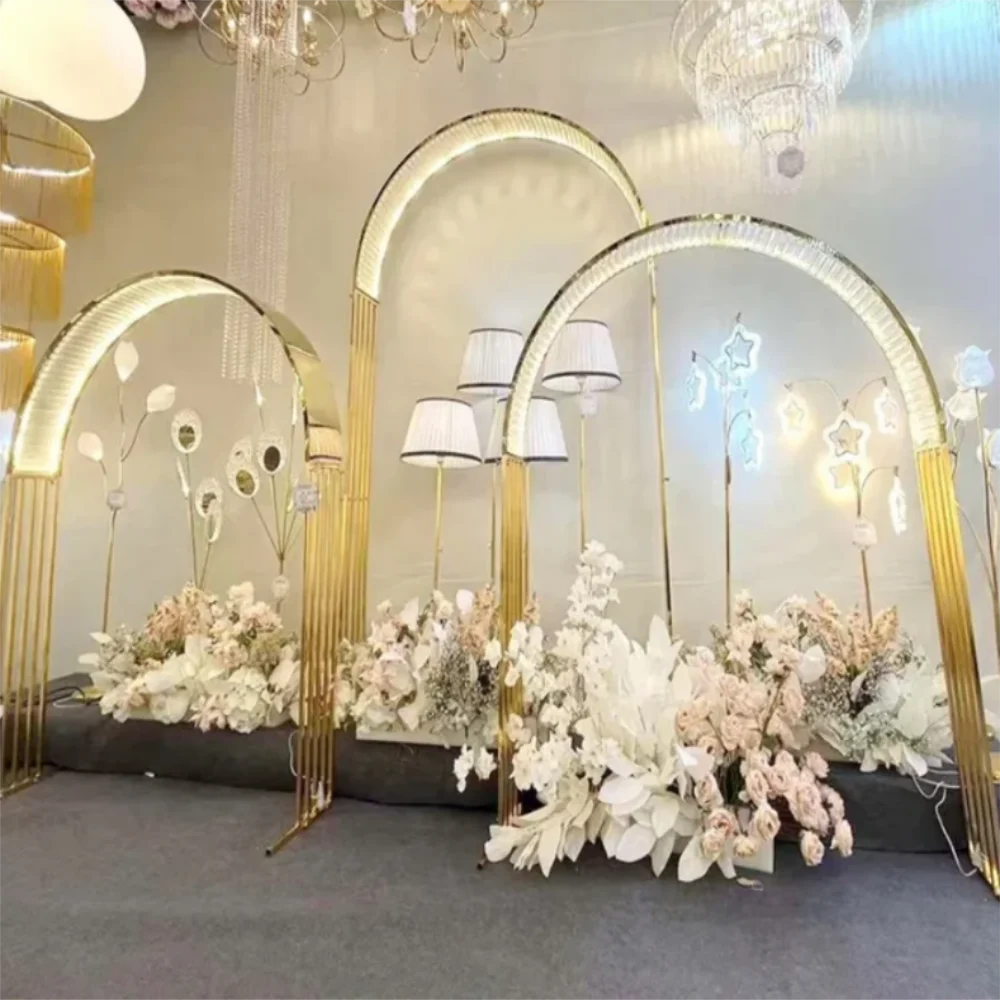 

3-piece set of stainless steel shiny gold LED crystal wedding arch, banquet performance, party background props decoration rack