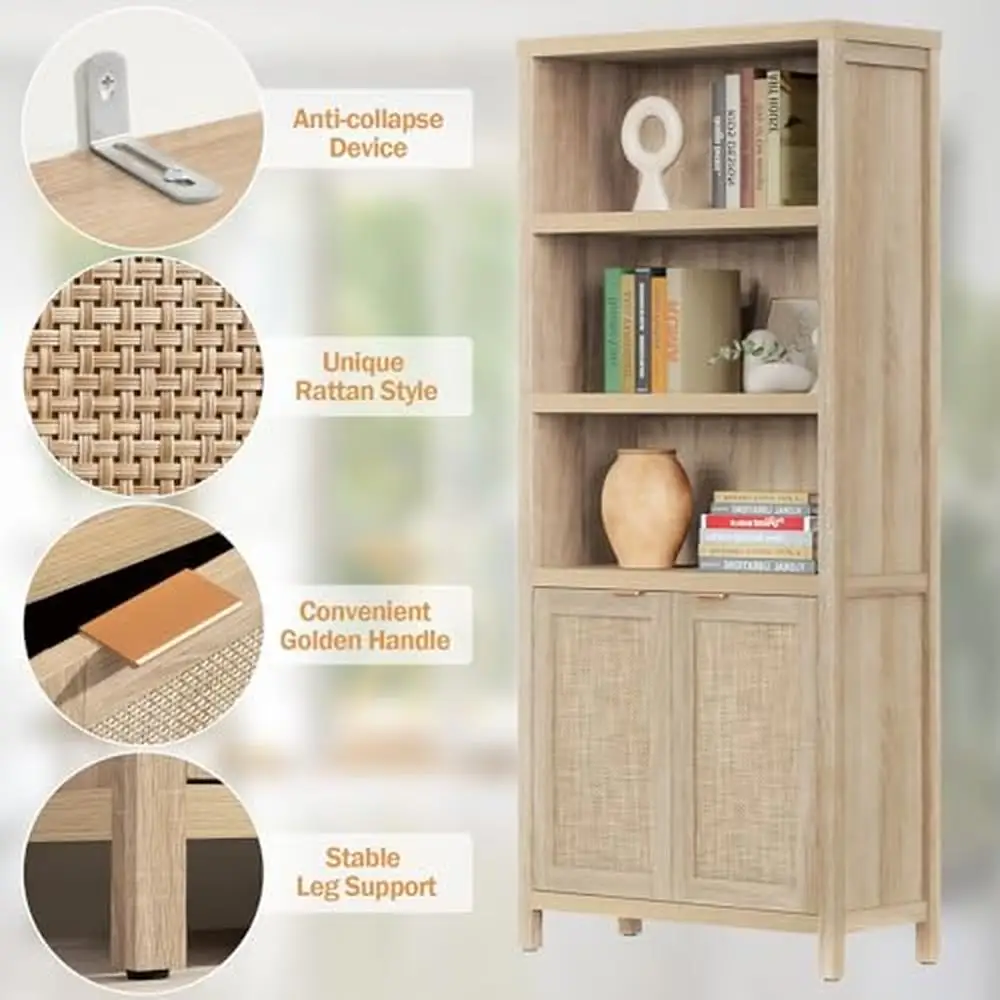 5 Tier Rattan Boho Bookshelf with Farmhouse Design Doors Storage Shelf