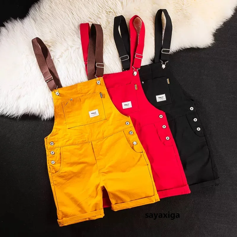 Summer Men Bib Pants Solid Color Casual Shorts Jumpsuit Streetwear Joggers Multi Pocket Fashion Suspender Cargo Overall Breeches