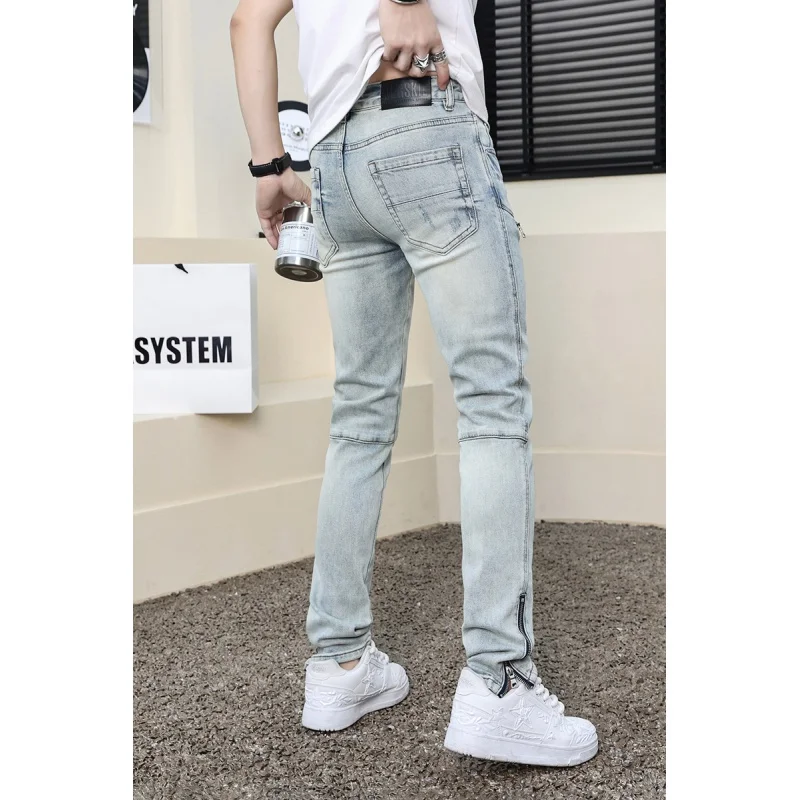 2024Spring and Summer New Denim Trousers Men's Street Locomotive Style Fashion Personality Zipper Slim Fit Tapered Pants