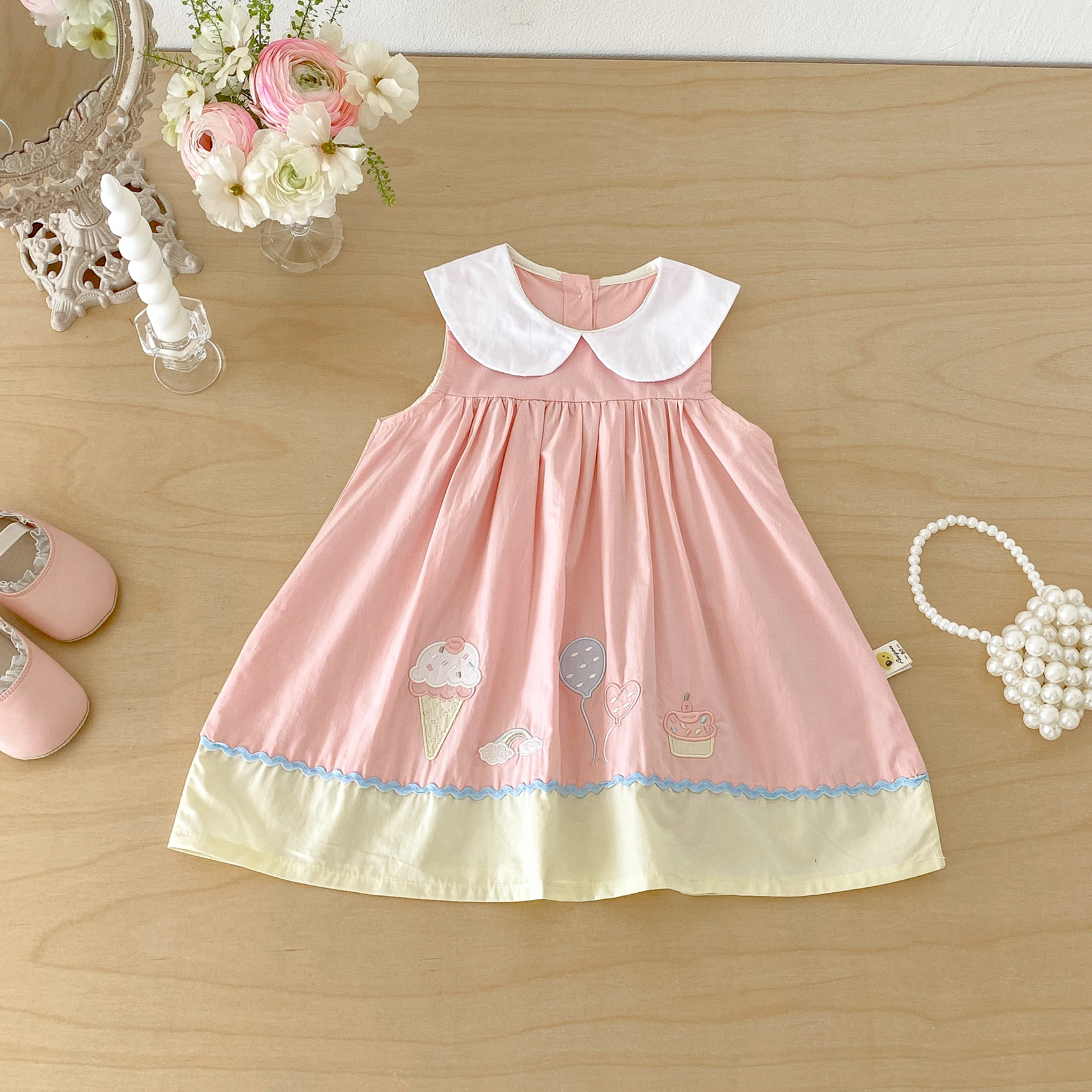 Sommerliches Neues Baby Süßes Cartoon Farbblock-Baumwollkleid mit Stilvollem Puppenkragen für Kleinkinder – Detail 1
