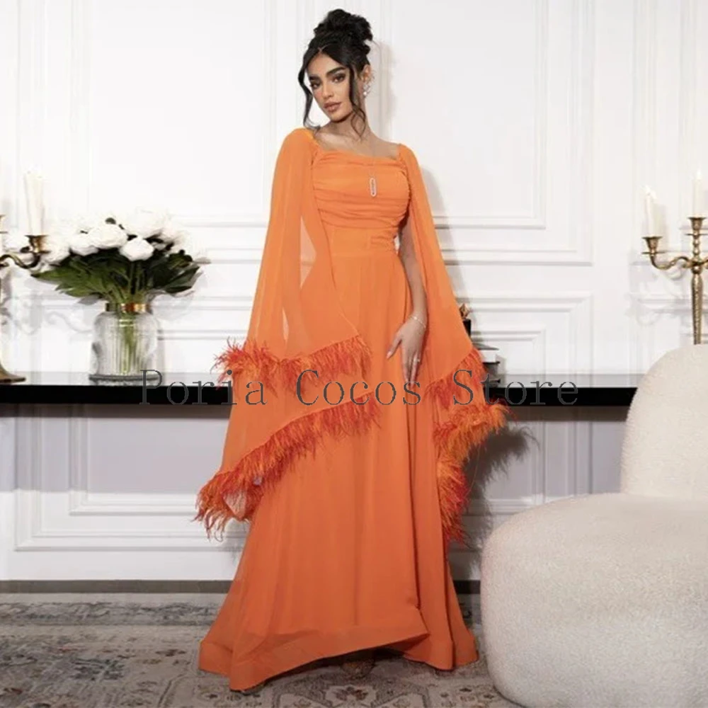 Robe de bal en mousseline de soie de haute qualité, col carré, robe de soirée trapèze, manches d'horloge, robes de soirée formelles avec plumes, robe saoudienne