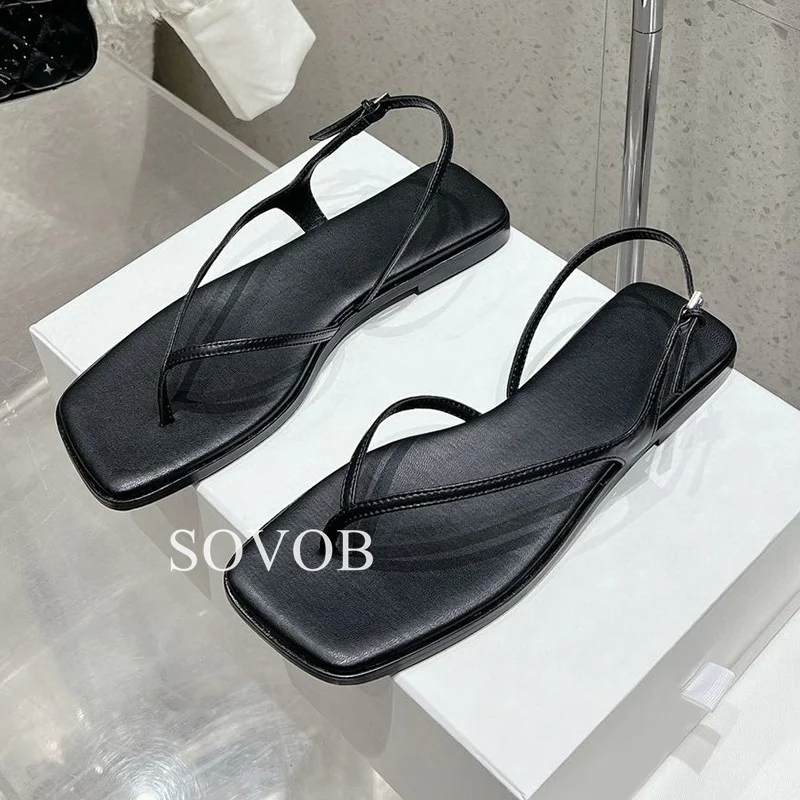 Summer Genuine Leather Kitten Heel Sandals  Women Square Toe Simple Back Strap Flipflops Sandalias Daily Banquet Dresses Shoes