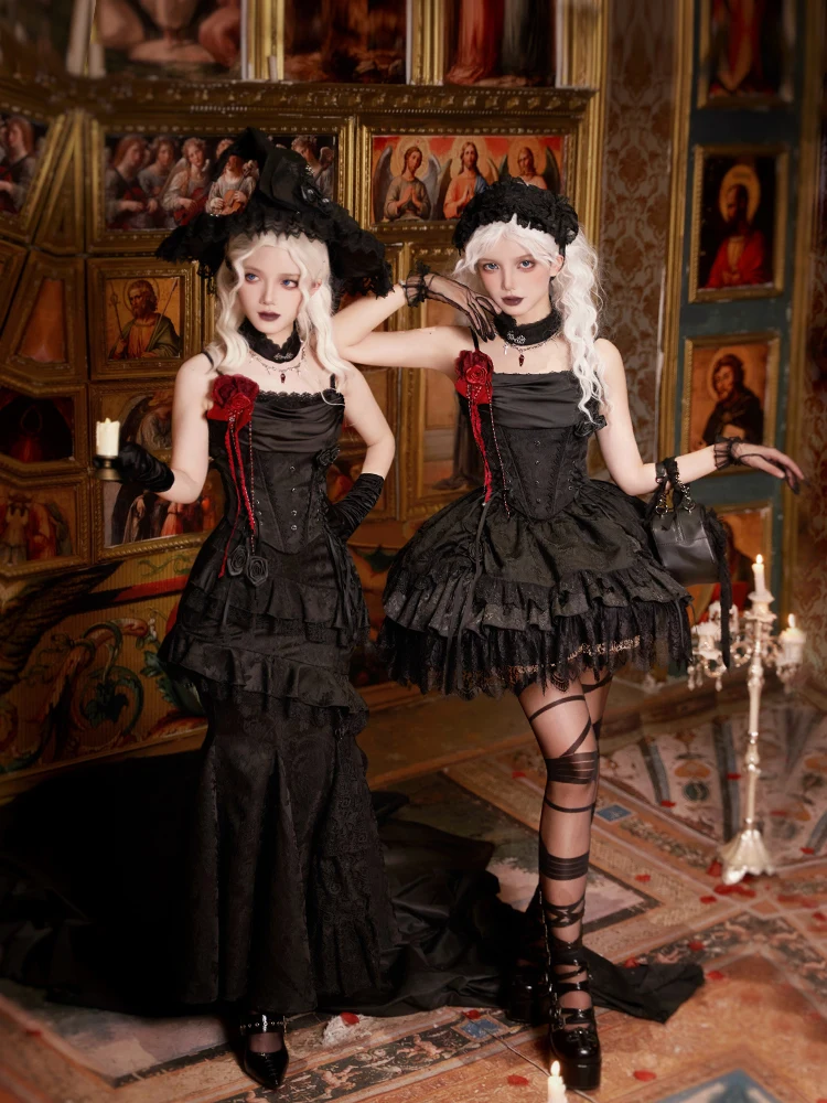 Women Gothic Black Dress Set Tube Top and Mermaid Long Skirt Set Light Lolita Slim Luxury Palace Vestidos Set Halloween
