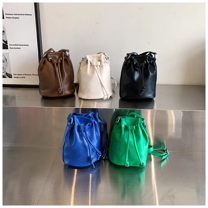 PU Soild Bucket Crossbody Bags String Compact Simple Versatile Shoulder Bags for Women 2024 Fashion Hot Sale Bolso De Cubo