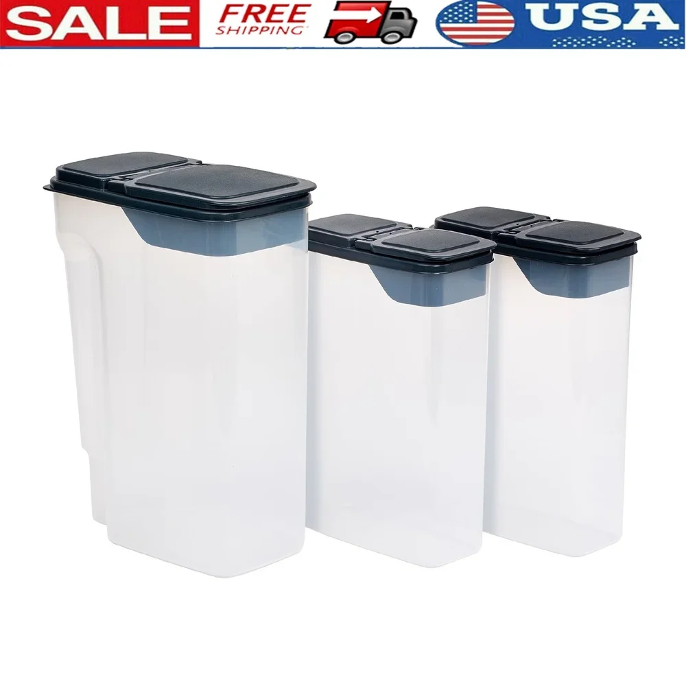 

3 Piece Cereal Dispenser Set Clear Plastic Kitchen Storage Durable Stackable Containers with Hinged Lids
