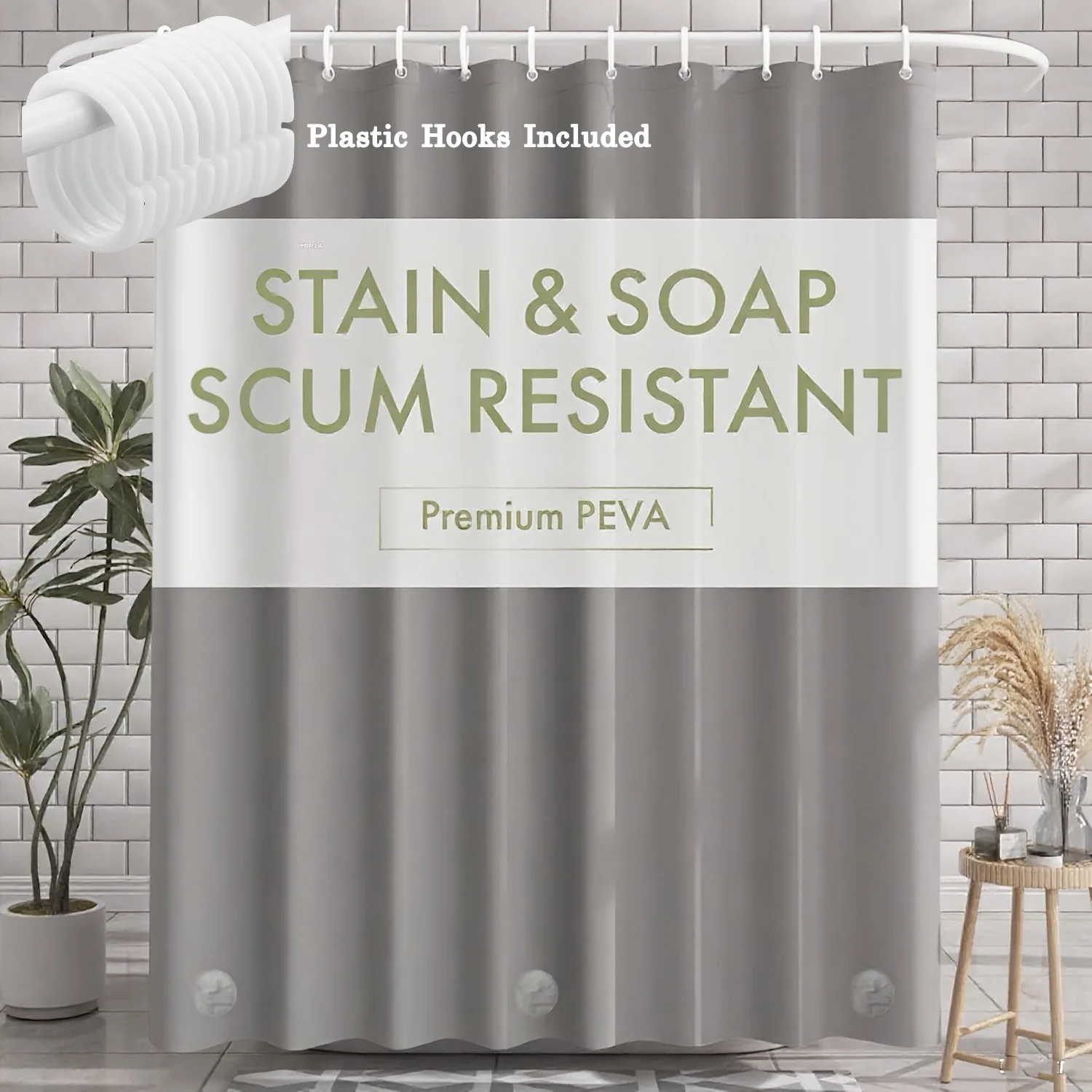 1pc Gray Shower Curtain Liner with Weighted Magnets Plastic Hooks and Durable Metal Grommets Bathroom Curtain Bath Curtain
