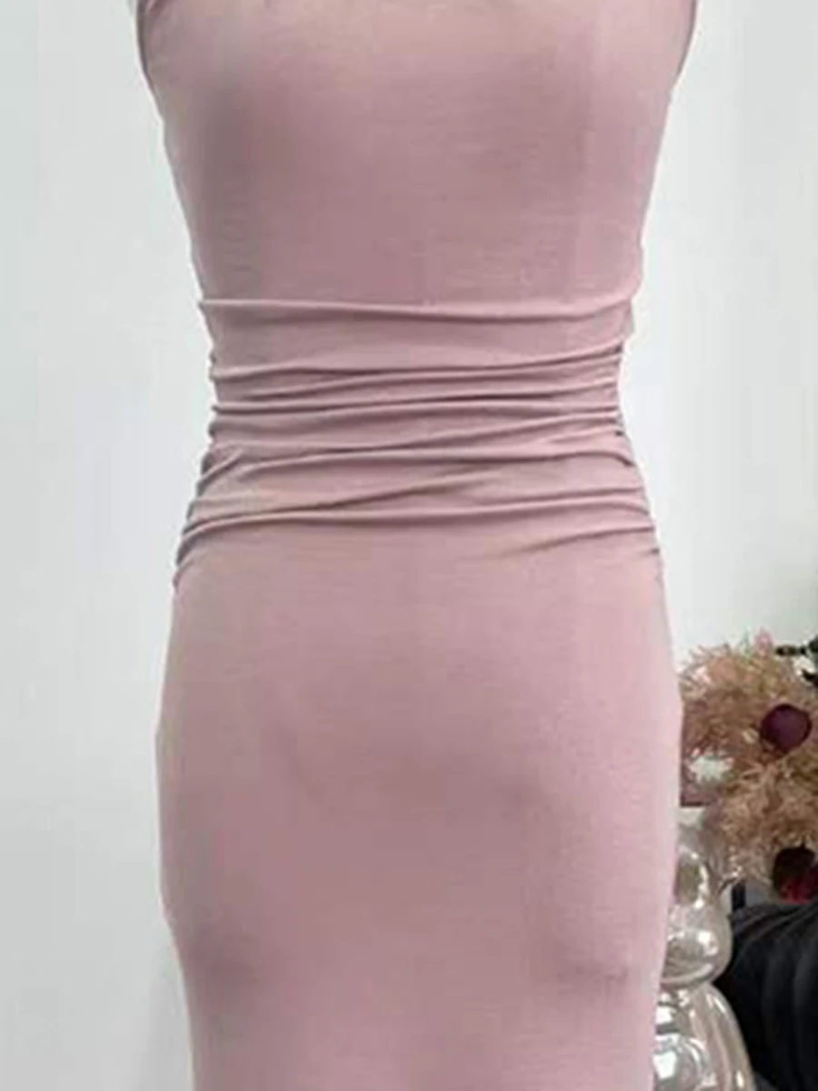 VGH Pink Stretch Knit Midi Maxi Dress for Women Halter Neck Gathered Bust Slim Mermaid Floor Skirts for Soft Tone Outfit Banquet view 5