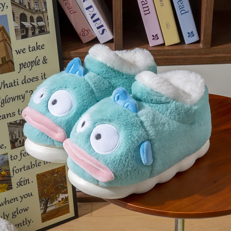 Sanrio Hanton ugly fish cute funny warm home women's shoes cartoon plush non-slip thick-soled couple cotton slippers