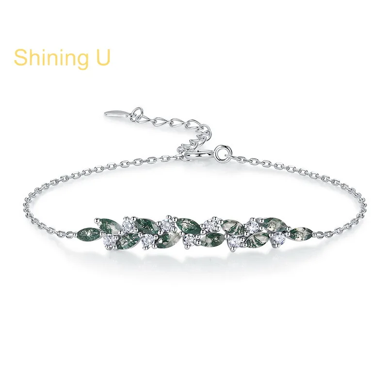 Shining U 925 Sterling Silver Leaf Green Stone Bracelet for Women Fine Jewelry Summer