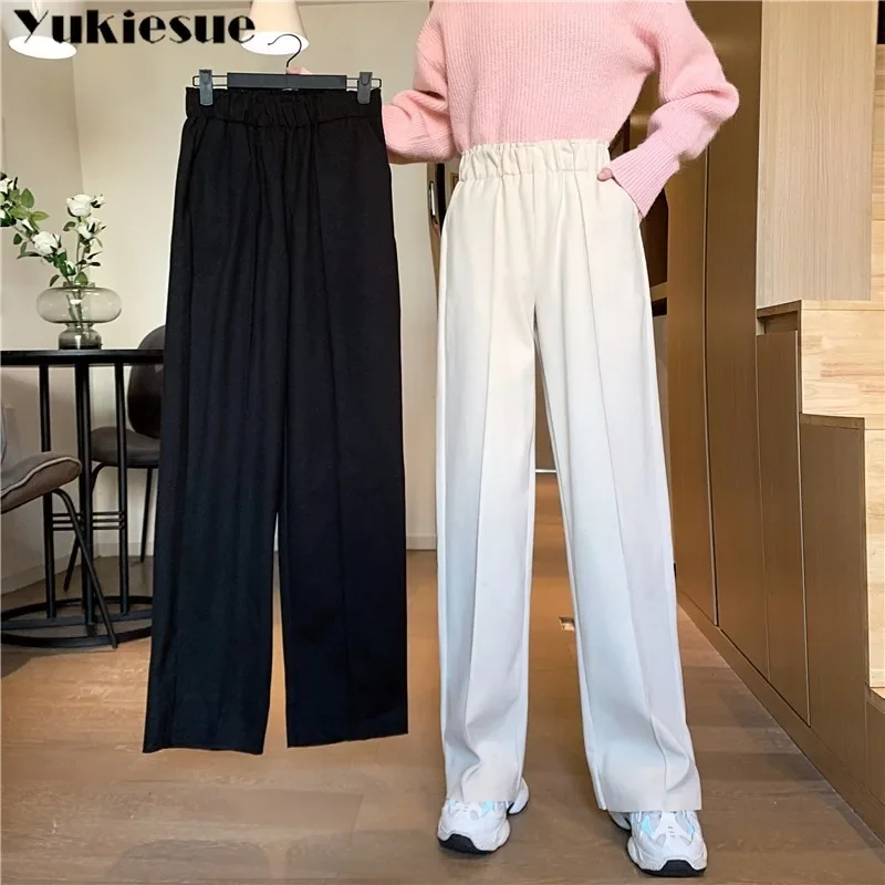Nouveau automne hiver 2025 taille haute élastique élégant longue jambe large pantalon en laine nouveau pantalon coupe ample femmes mode élastique marée