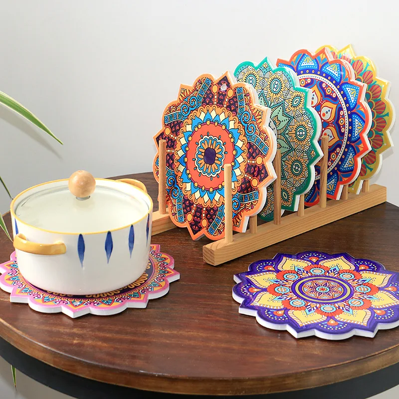 

4pcs Octagonal Shape Relief Ceramic Meal Mat 20cm Mandala Flower Pattern Cork Base Coasters for Restaurant Crafts Decoration