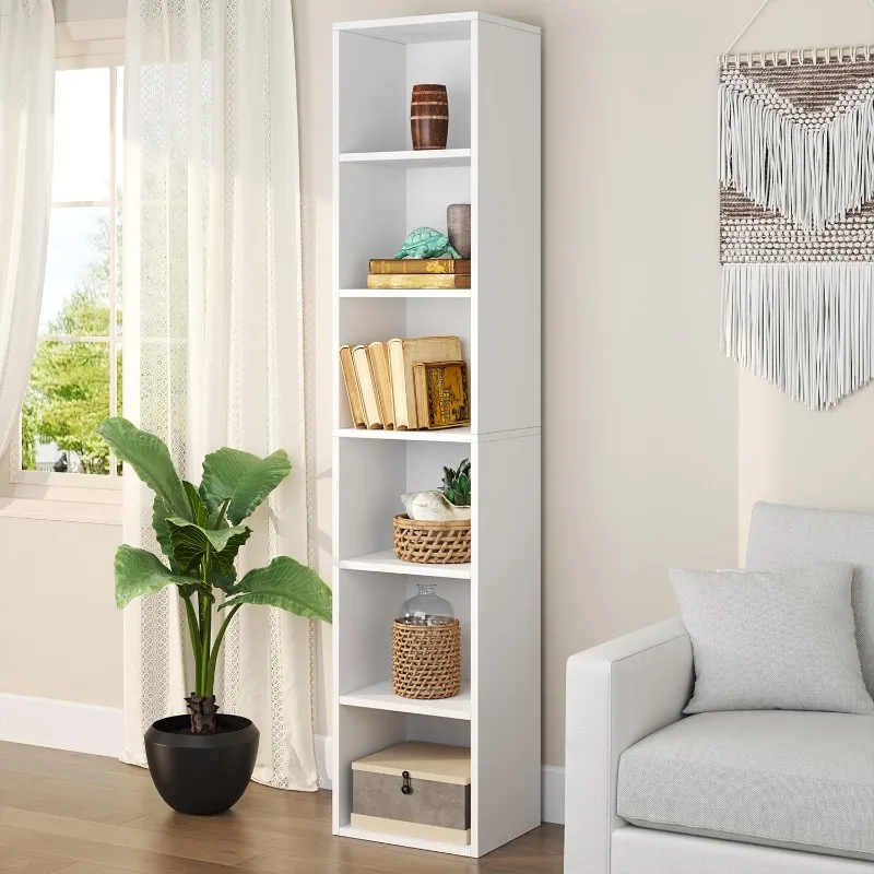 Tall Narrow Bookshelf, 6-Tier Cube Display Rack, Modern Corner Shelf with Storage Space, Storage Cabinet for Home Office