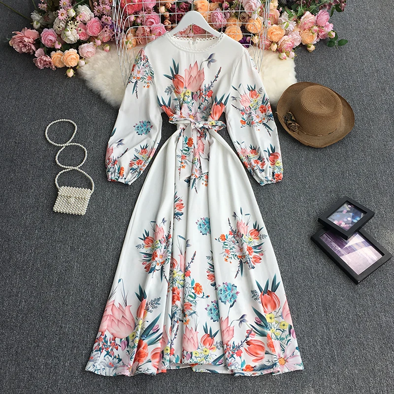 

Vintage Nation Style Floral Print Long Dress Women Autumn Casual Loose Sashes Slim Vestidos Lace Long Sleeve Robe Holiday Dress