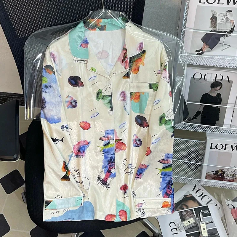 بيجامة نسائية حريرية بأكمام طويلة بيجامة بدلة زهرة مطبوعة عالية الجودة من الحرير الجليدي يمكن ارتداؤها خارج المنزل بيجامة