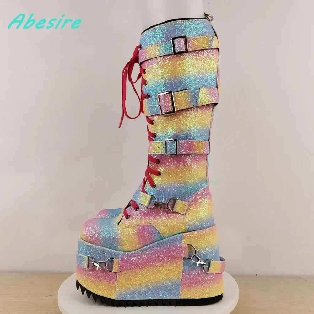 Lolita Y2K Sweet Cute Shoes Newplatform Cross-Tied Wedges Shoes for Women Colorful Bling Glitter Multi-Buckles Knee High Boots view 6