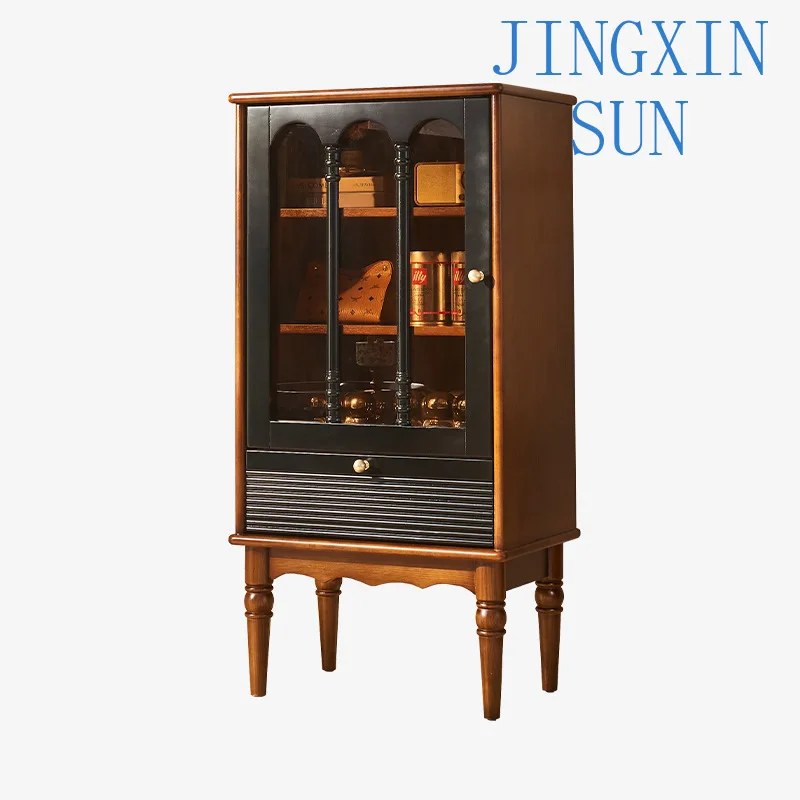 French retro solid wood three-layer wine cabinet, American living room display locker