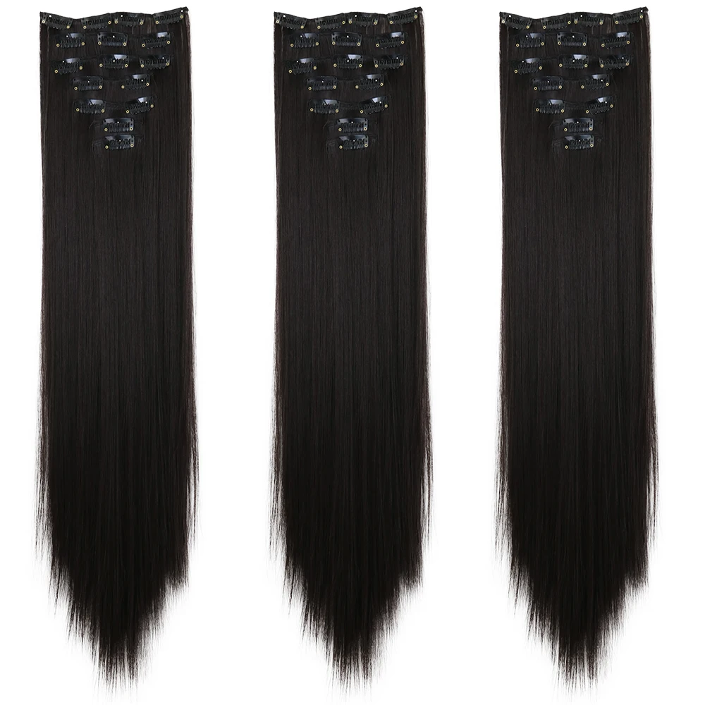 LANSA 7Clips Long Straight Synthetic Clip On Hair Extensions Cheveux Clip Naturel High Temperature Fiber Black Brown Hairpiece