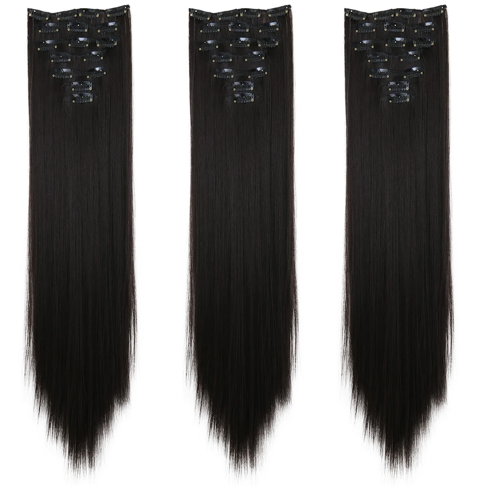 Extensiones de clip LANSA de 7 clips, largas, lacias, sintéticas, fibra de alta temperatura, negro/marrón, postizo 2