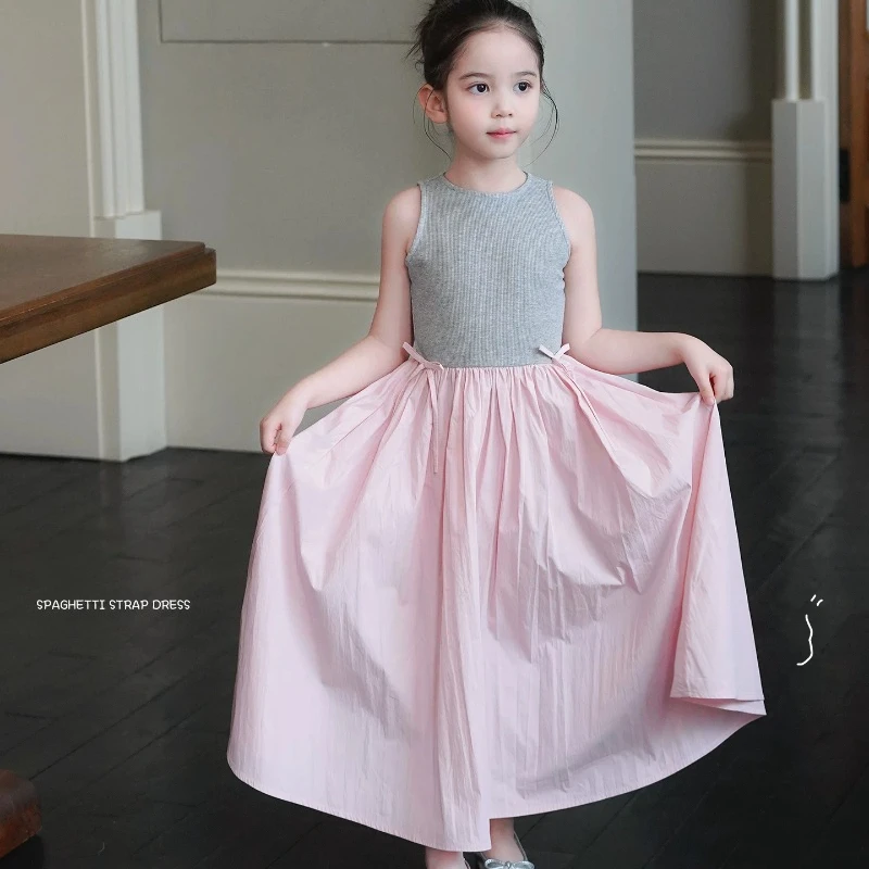 2026-children-girls-sleeveless-patchwork-dress-kids-summer-korean-style-long-skirt-simple-elegant-princess-gown-fashion-costume