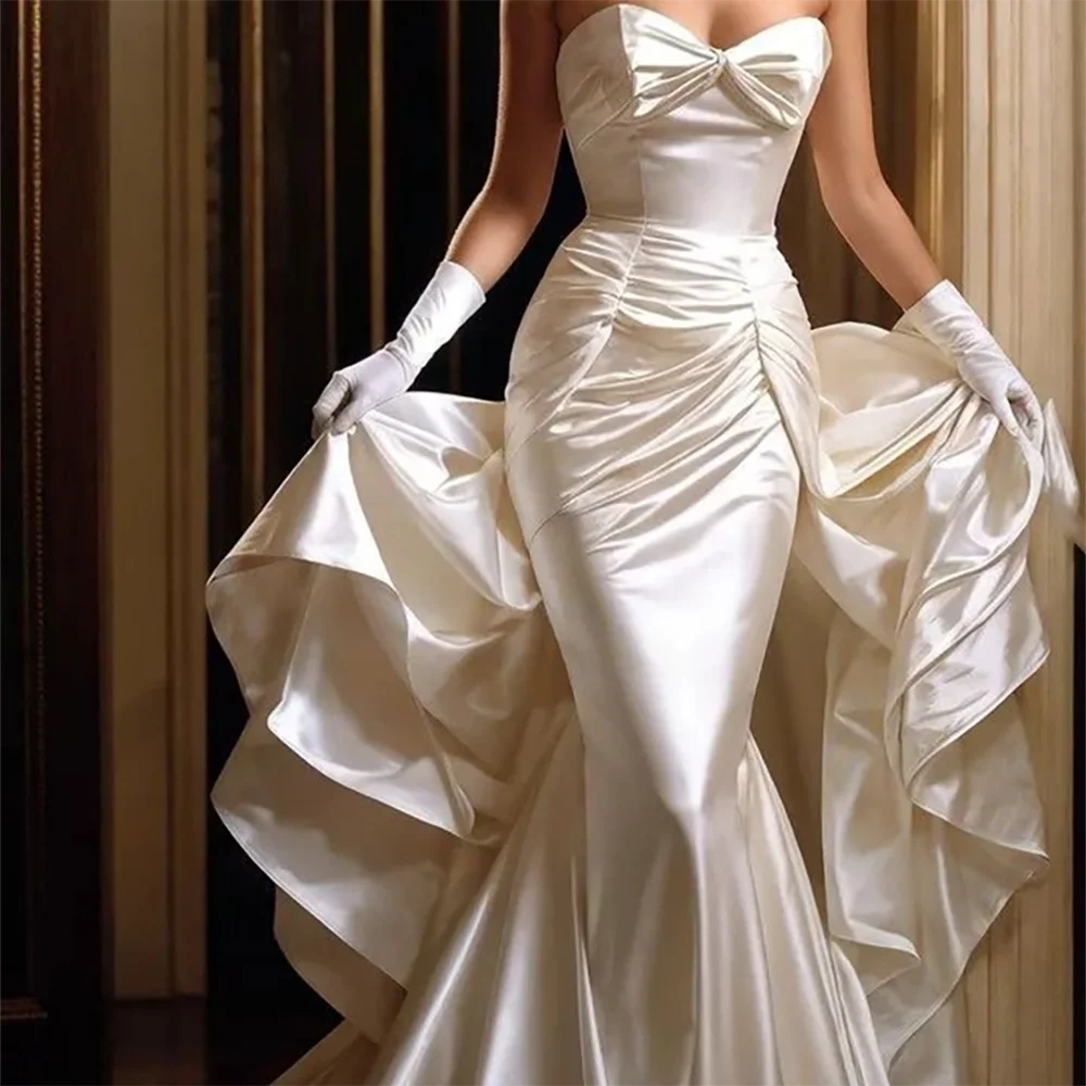 클래식 연인 민소매 새틴 주름 분리형 인어 신부 웨딩 드레스 신부 가운 맞춤형