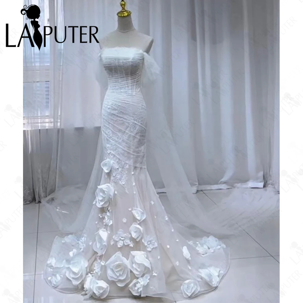 3D Big White Flowers Mermaid Bridal Wedding Dresses Long Tulle Shawl Bride Prom Dress Strapless Full Lace Ruching Wedding Gown