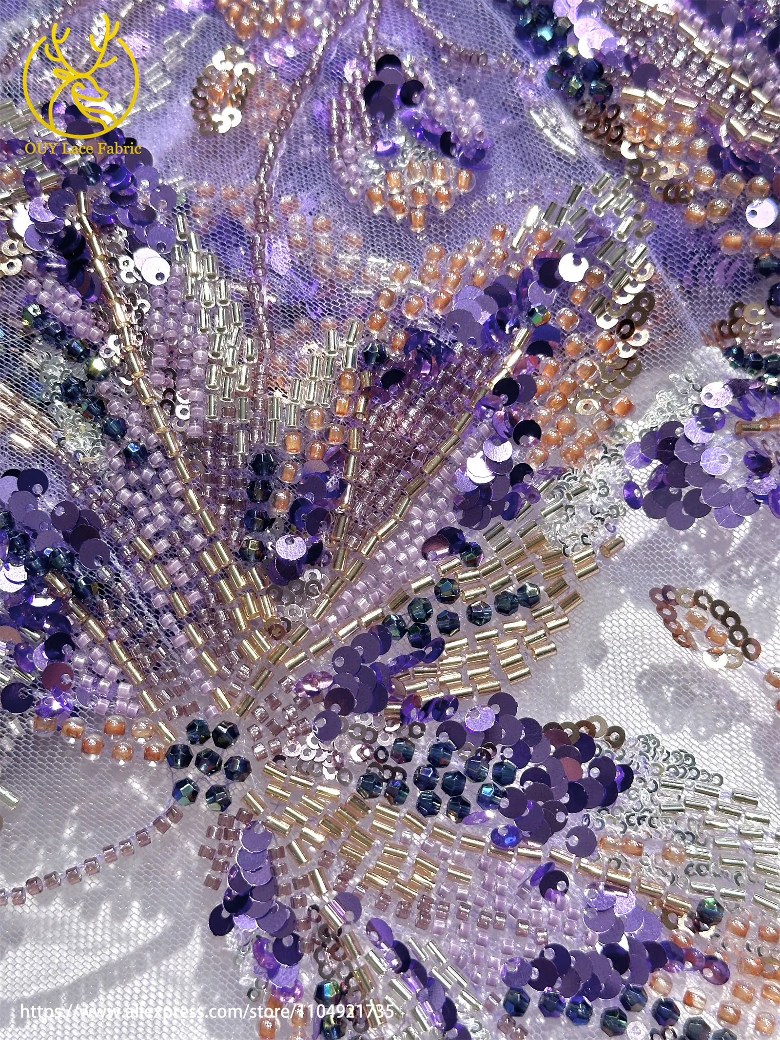 Lila Luxuriöser Afrikanischer Perlen-Spitzenstoff 2026 Modische Französische Nigerianische Pailletten-Stickerei-Spitze für Brautkleider – Detail 12