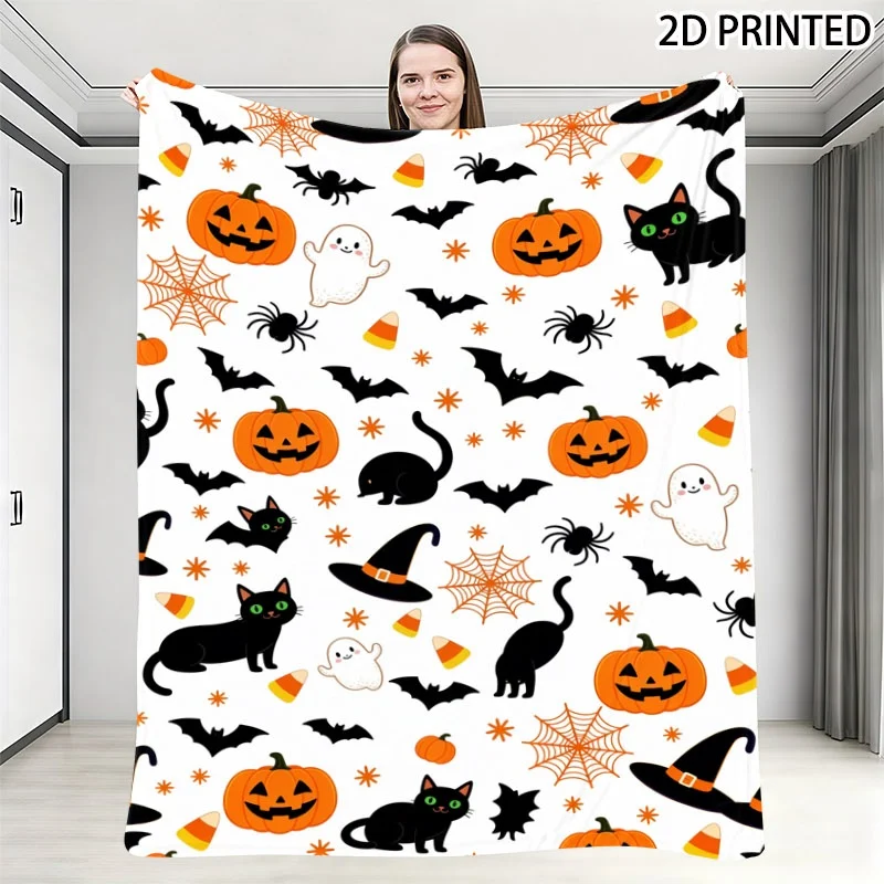 Playful Halloween Cartoon Print Throw Blanket, Repeating Pattern with Pumpkins, Ghosts, Bats & Spiders, Soft Cozy Fall Decor, Mu