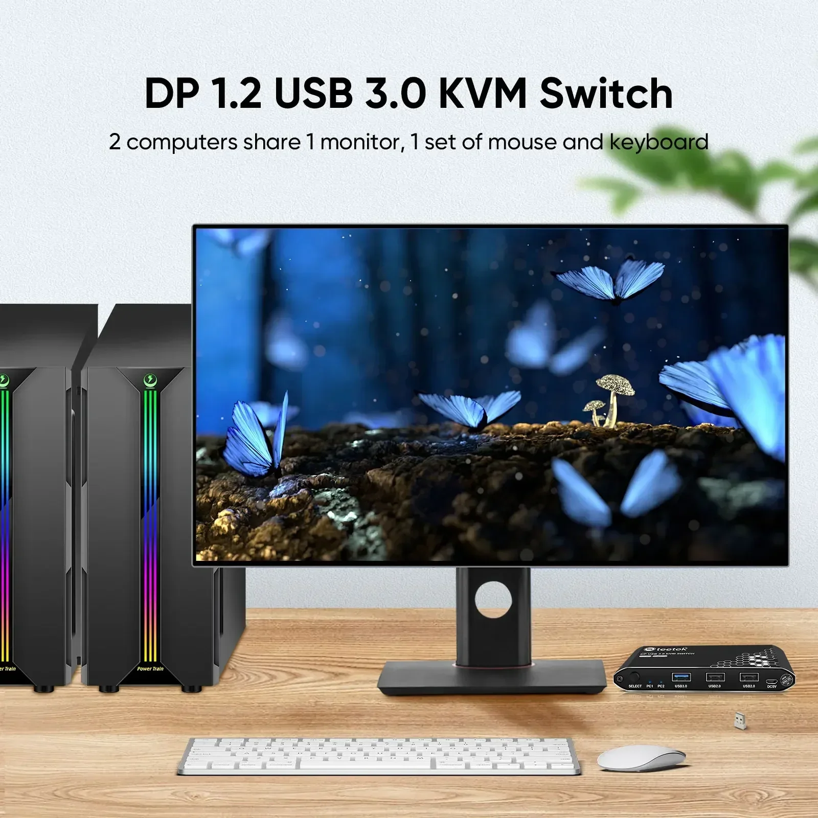 محول DP KVM، منفذين، دقة 4K@60 هرتز، تمكين جهاز كمبيوترين لمشاركة شاشات واحدة أو مزدوجة، HDCP 2.2 وكابلات USB المقدمة