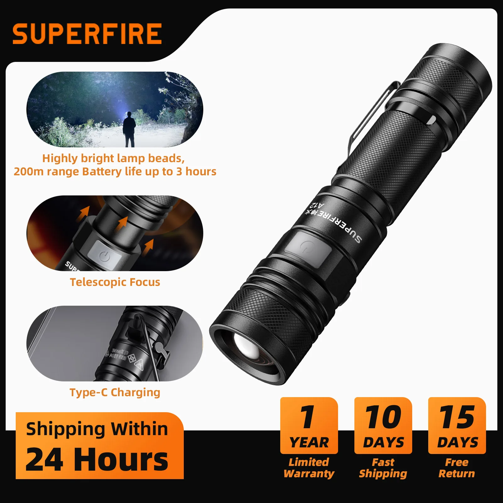 

SUPERFIRE A12 High Power LED Flashlight USB Rechargeable Zoomable Tactical Torch 5 Modes Waterproof for Outdoor Fishing Lantern