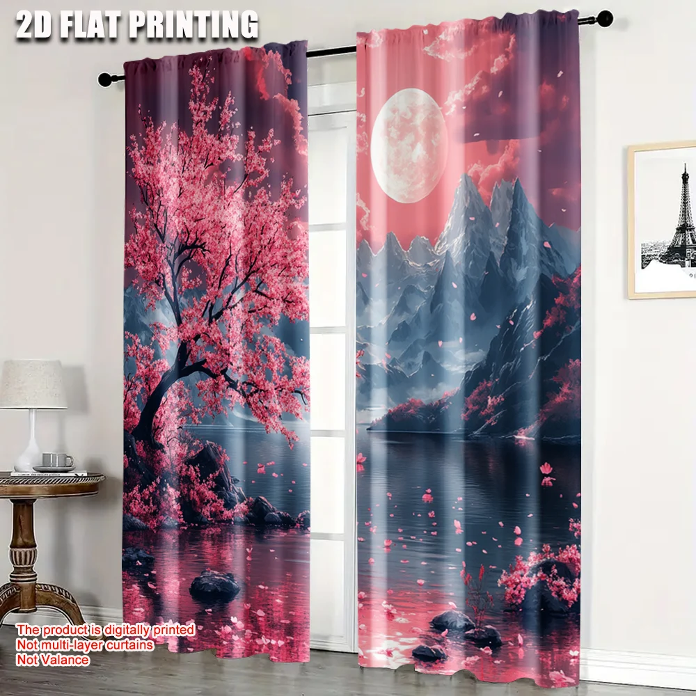2pcs, Curtain Popular 2D print Cherry Blossom Moon Versatile 100% Polyester (without rod) Stuff Clearance Ldeal for Living Room