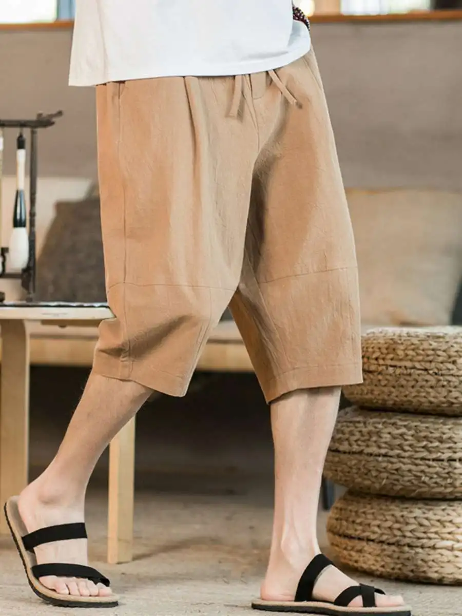 

New Men's Loose Fit Thin Cotton Linen Pants Casual Summer Trousers Versatile Comfortable Large Size Five-Quarter Length