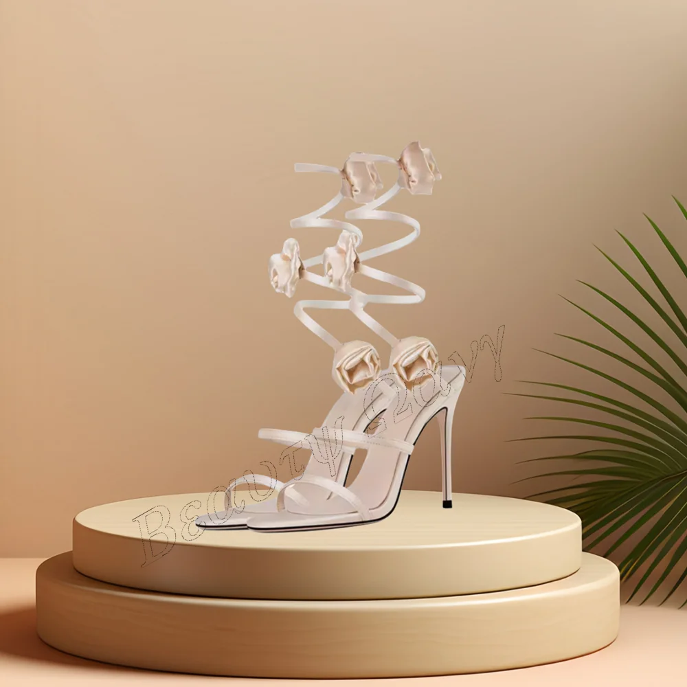 

Champagne Flower Decor Sandals Stilettos Heel Round Toe High Heel Shoes for Women Leather High Heels 2023 Zapatos Para Mujere