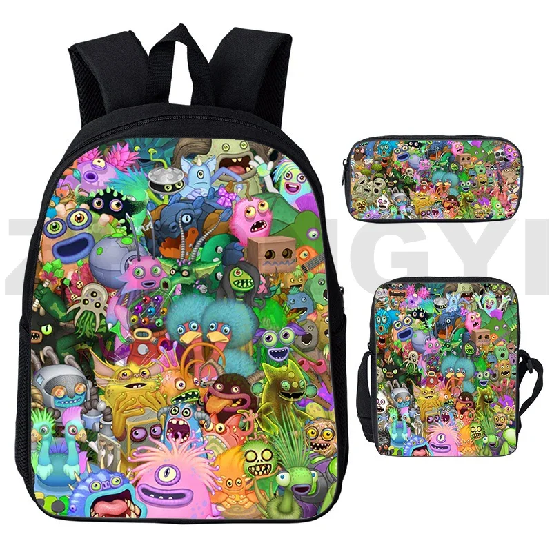 Styl Preppy 3D My Singing Monsters gra plecak 3 sztuk/zestaw Anime Travel Laptop mężczyźni Mochila 12/16 Cal dla dzieci Cartoon School Bags